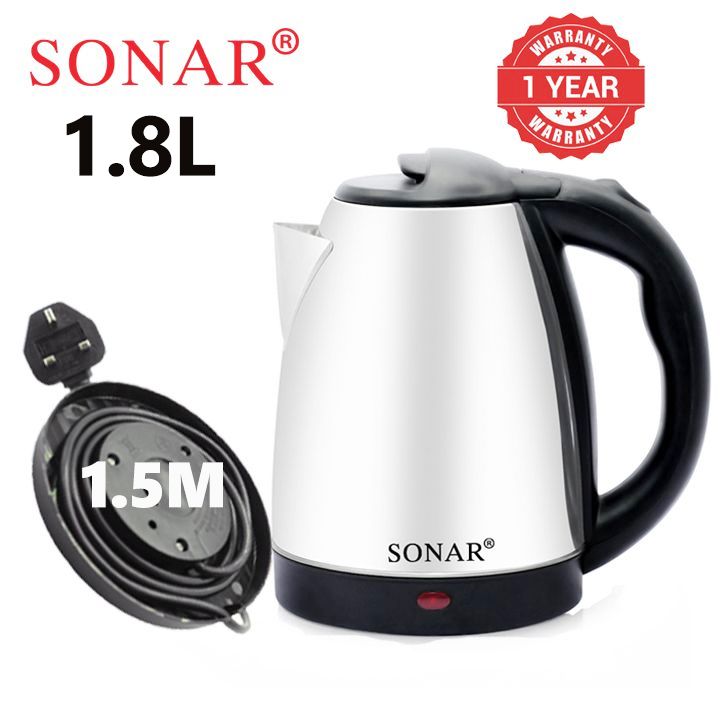 Sonar 1.8L 1.5M Power Cord 1500W Energy Efficient Electric Water Kettle Heater Jug Cordless Electric Kettle stainless steel X1 Silver,1.8L