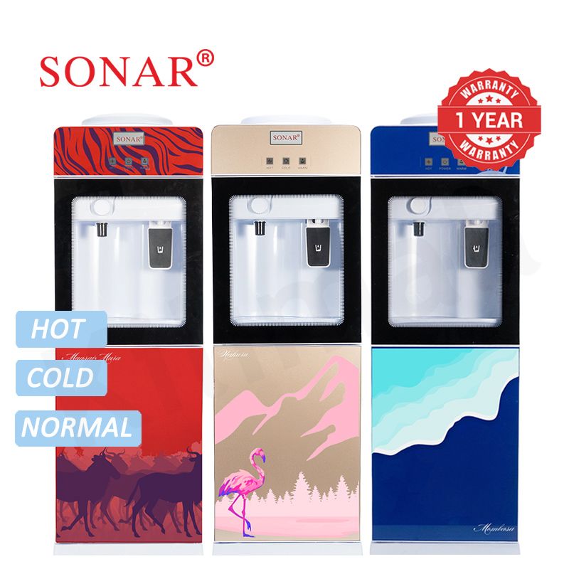 【New Arrival】Sonar Top Loading Hot & Cold & Normal Water Dispenser Freestanding Water Cooler with Push & Knobs Cup Taps Glass Body Design Water Machine Perfect for Home and Office SR-G5C