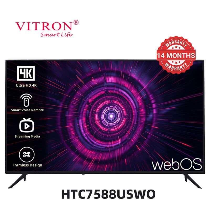 Vitron 75 inch Smart TV 4K UHD TV WebOS LED TV Bluetooth Frameless Television 2G+8G DVB-T2 HTC 7588USWO