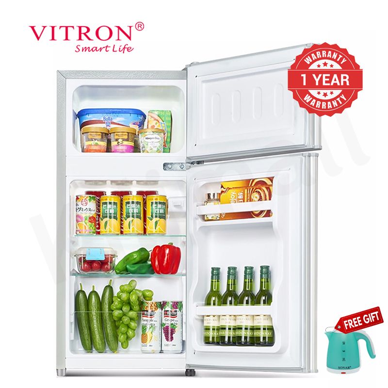 Vitron 125L Double Doors Refrigerator VDR128DS Adjustable Thermostat Enerygy Saving Fridge and Freezer with 2L Bottle Rack for Kitchen Living Room Apartment