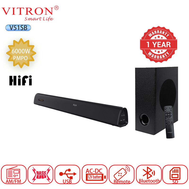 Vitron 6000W 2.1CH V51SB Wired Soundbar System with AUX USB Bluetooth Speaker System Home Audio Rich Bass