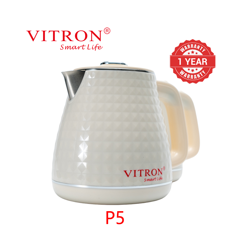 VITRON 2L 1500W Electric Kettle Heater Jug 304 Stainless Steel Double Wall Insulation Cordless Embossed Design P5 P6