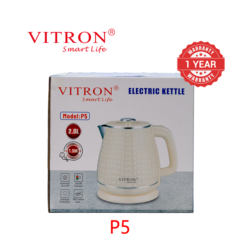 VITRON 2L 1500W Electric Kettle Heater Jug 304 Stainless Steel Double Wall Insulation Cordless Embossed Design P5 P6