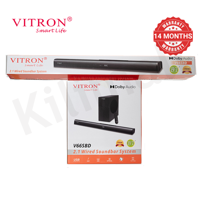 Vitron 2.1CH 17000W PMPO Dolby Powerful Bass, Soundbar System with 6.5″ Subwoofer, 90W+40W×2 RMS AUX USB Bluetooth, Wired for Home Theater V66SBD