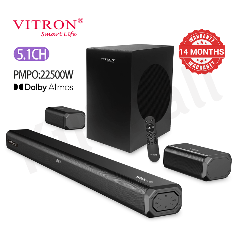 Vitron 5.1CH 22500W PMPO Dolby Surround Sound Home Theater System with 6.5″ Subwoofer 5 Satellites 100W+25W×5 RMS Bluetooth Woofer Soundbar Complete Cinema Experience V685SBD