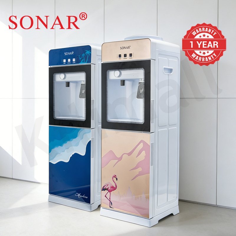 Sonar Top Loading Hot and Normal Water Dispenser Freestanding Water with 3 Push Cup Taps Toughened Glass Body Design Water Machine Perfect for Home and Office SR-G5