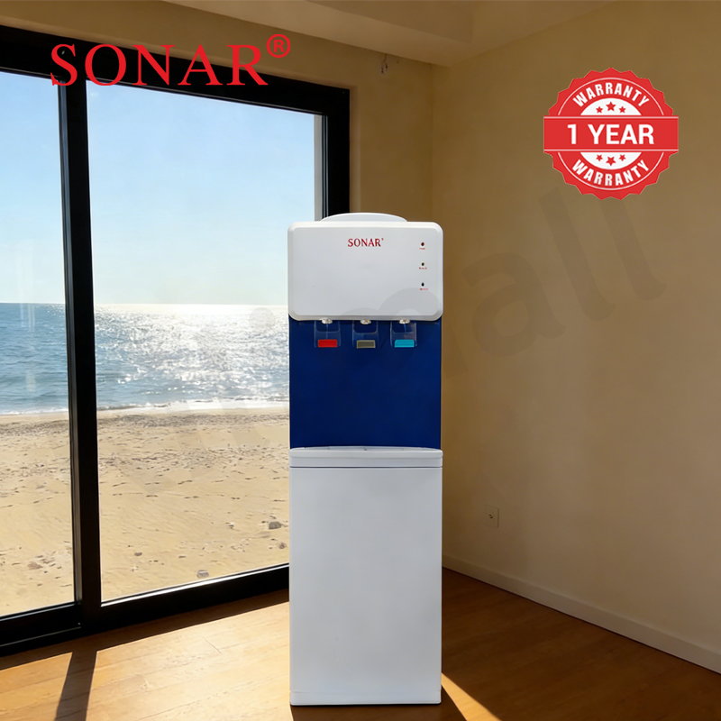 Sonar Top Loading Hot and Normal Water Dispenser Freestanding Water with 3 Push Cup Taps Multi-Size Bucket Adaptation Water Machine Perfect for Home and Office SR-L9
