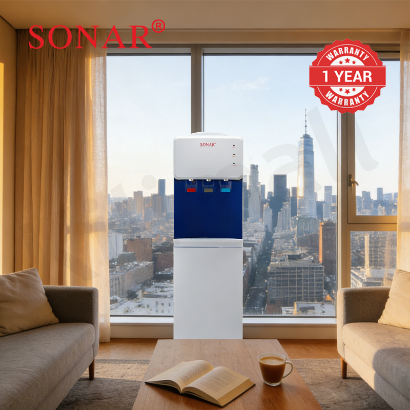 Sonar Top Loading Hot and Normal Water Dispenser Freestanding Water with 3 Push Cup Taps Multi-Size Bucket Adaptation Water Machine Perfect for Home and Office SR-L9