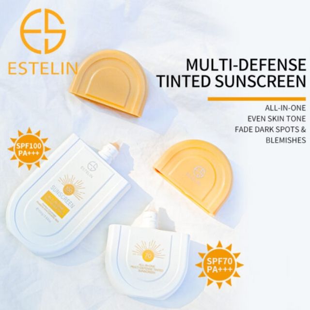Estelin Sunscreen All-In-One Multi-Defense Tinted SPF 70 PA+++ Skin Sunblock UV Sunburn Protection Sun Cream