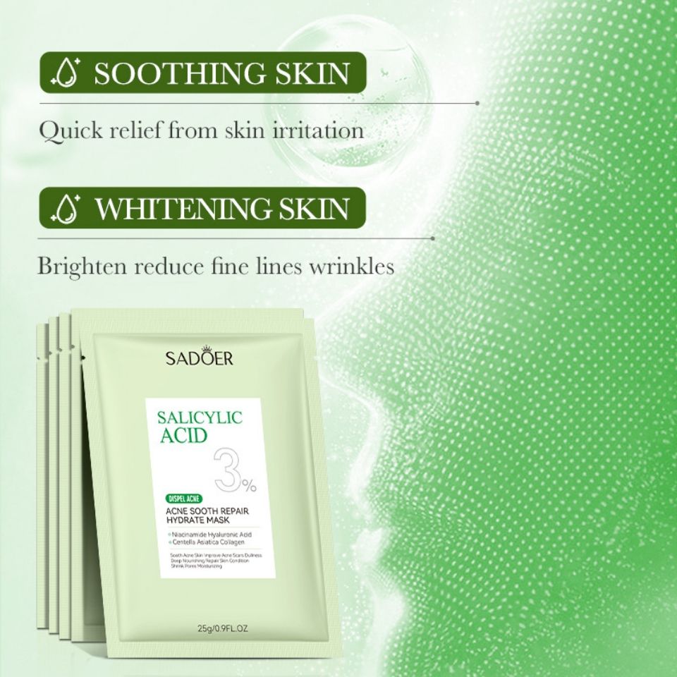 10 PIECES Sadoer Salicylic Acid Sheet Mask Pack Anti Acne Soothing Repair Hydrating Facial Mask Wholesale Price SADOER Acne Removing Control Soothing Repairing Moisturizing Face Mask
