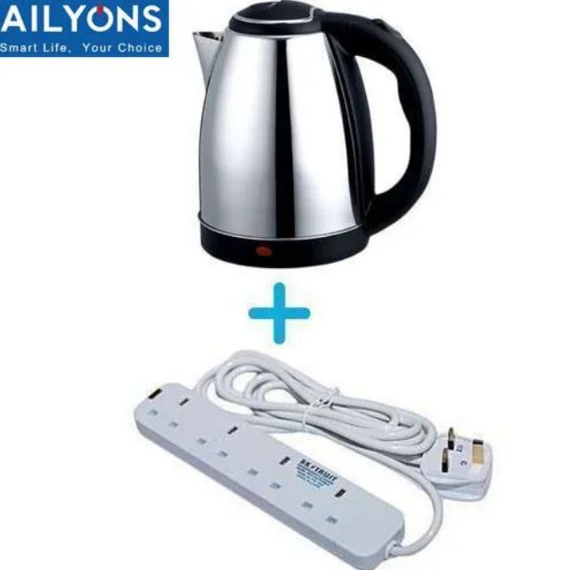 AILYONS Electric Kettle + FREE 4 way Extension Cable -- Water Heater & Boiler Jug- coil less water kettle heating jug silver Ailyons & Power King