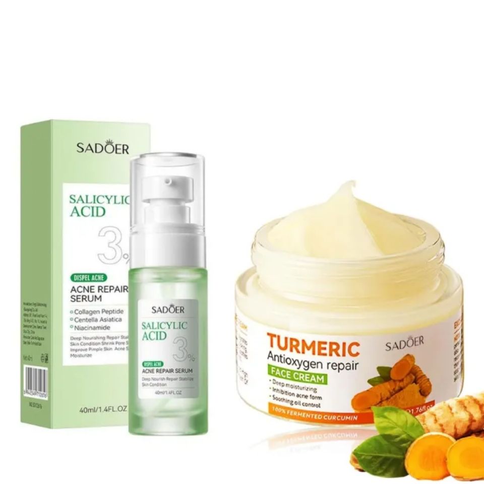 SADOER 2 in 1 Set, Acne Repair Serum with 3% Salicylic Acid Collagen Peptide and Niacinamide, Centella Asiatica + Turmeric Cream Anti-oxygen Tumeric, Can add Vitamin C,Remove Acne, Moisturize, Soothin