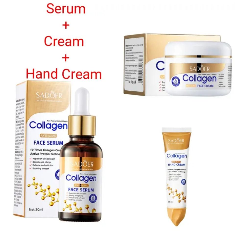 3 IN 1 SADOER Collagen Anti Aging Face Cream + Collagen Hand Cream - Anti Wrinkles And Fine Lines, Intensive hydration, Anti-aging, Brighten skin tone, Acne fade/ repair essence, Contains collagen