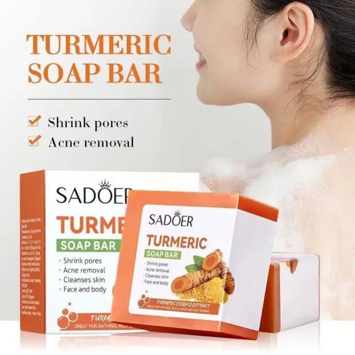 Sadoer Duo Set of Tumeric Anti Oxidation Turmeric Soap Bar + Turmeric Serum Anti Acnes, Like Vitamin C, it is Effective in Acne Removal, Pore Shrinking and Skin Tone Brightening