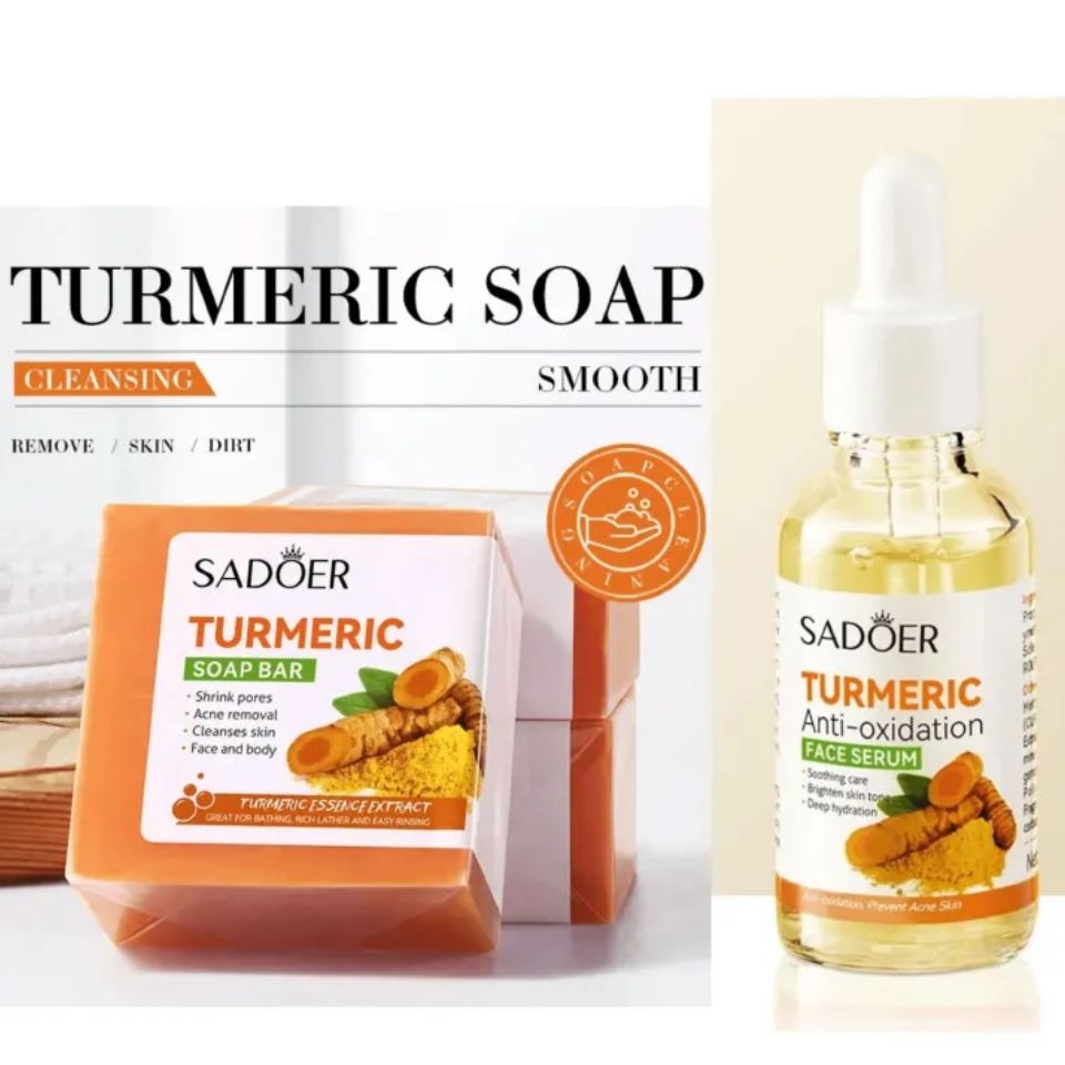 Sadoer Duo Set of Tumeric Anti Oxidation Turmeric Soap Bar + Turmeric Serum Anti Acnes, Like Vitamin C, it is Effective in Acne Removal, Pore Shrinking and Skin Tone Brightening