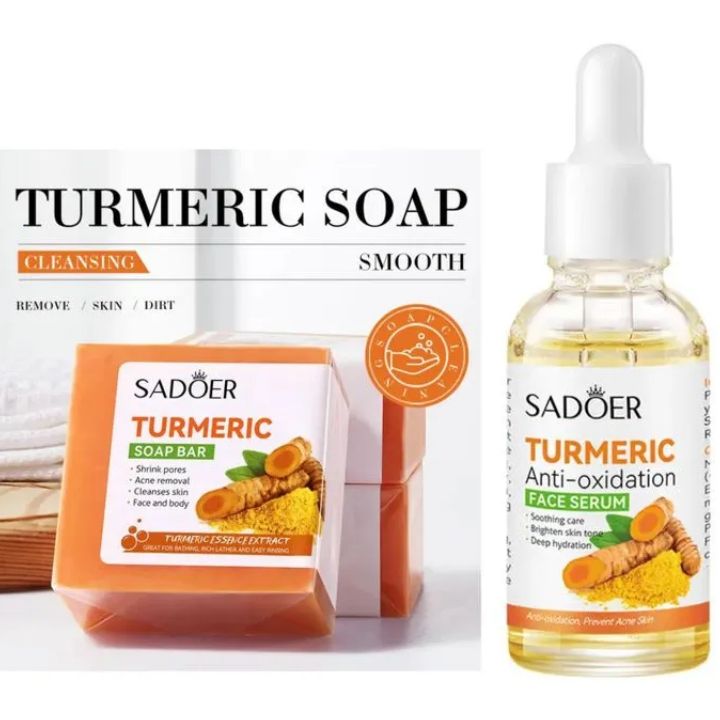 Sadoer Duo Set of Tumeric Anti Oxidation Turmeric Soap Bar + Turmeric Serum Anti Acnes, Like Vitamin C, it is Effective in Acne Removal, Pore Shrinking and Skin Tone Brightening