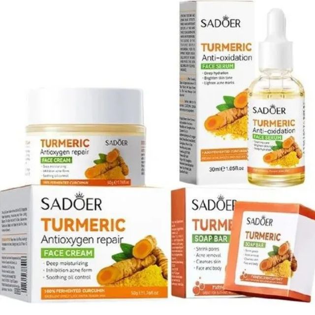 SADOER 3 Packs Turmeric Soap Bar + Serum + Cream Skin Care for Shower, Smoothing and Cleanses Skin Face Wash Soap Face Serum, Face Wash Oily Skin Bar Soap for Face and Body