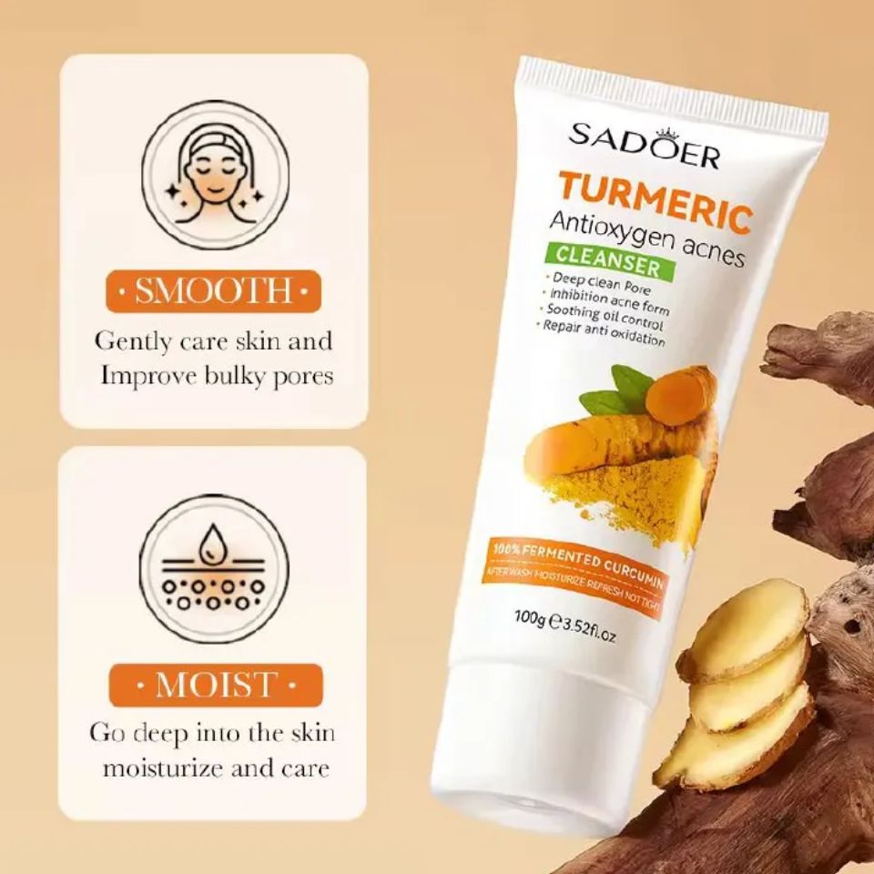 Sadoer Tumeric 3 in 1 Set, Turmeric Anti Acne Cleanser + Turmeric Face Serum + Tumeric Cream, Like Vitamin C, Guarantees Smooth Skin, Prevent Acnes, Control Oil, Remove Dark Spots , Moisturize, Refres