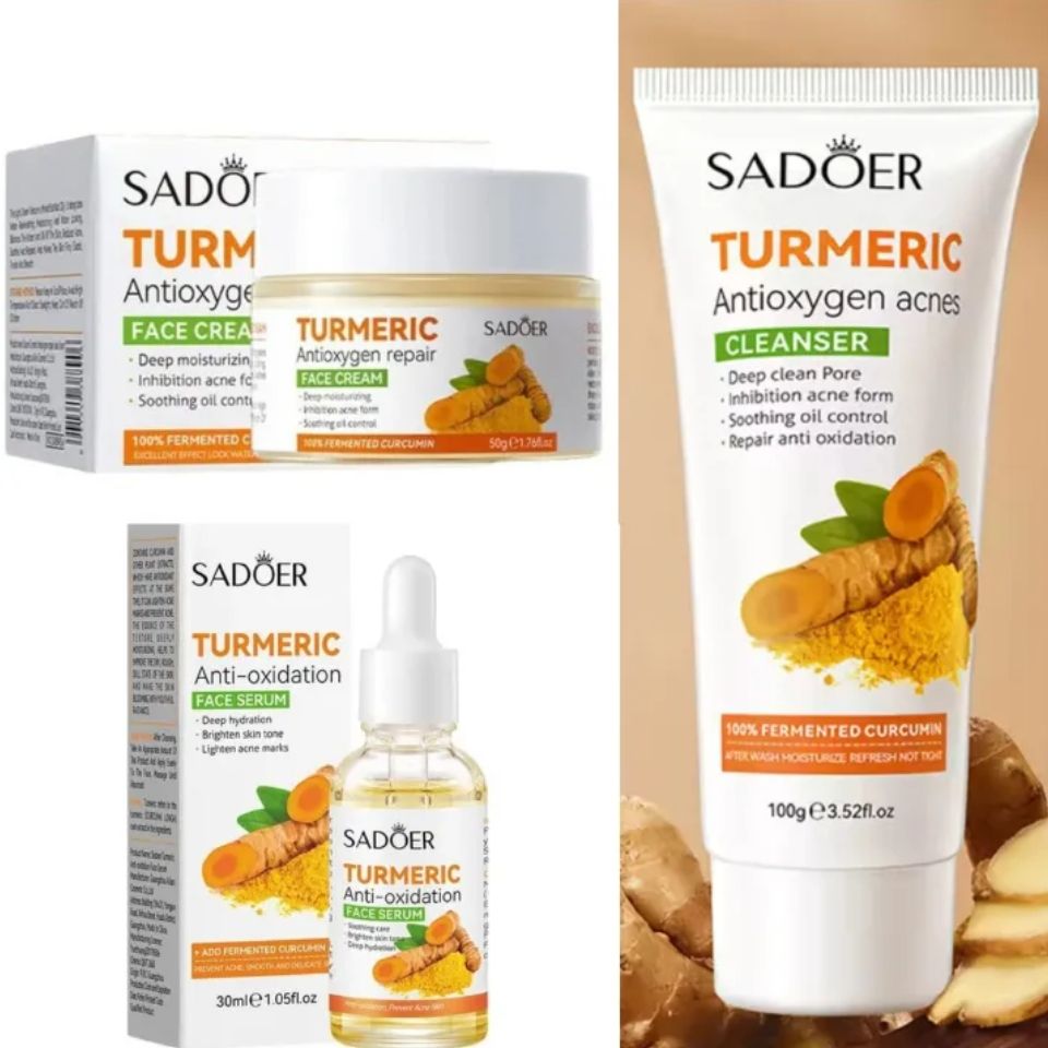 Sadoer Tumeric 3 in 1 Set, Turmeric Anti Acne Cleanser + Turmeric Face Serum + Tumeric Cream, Like Vitamin C, Guarantees Smooth Skin, Prevent Acnes, Control Oil, Remove Dark Spots , Moisturize, Refres
