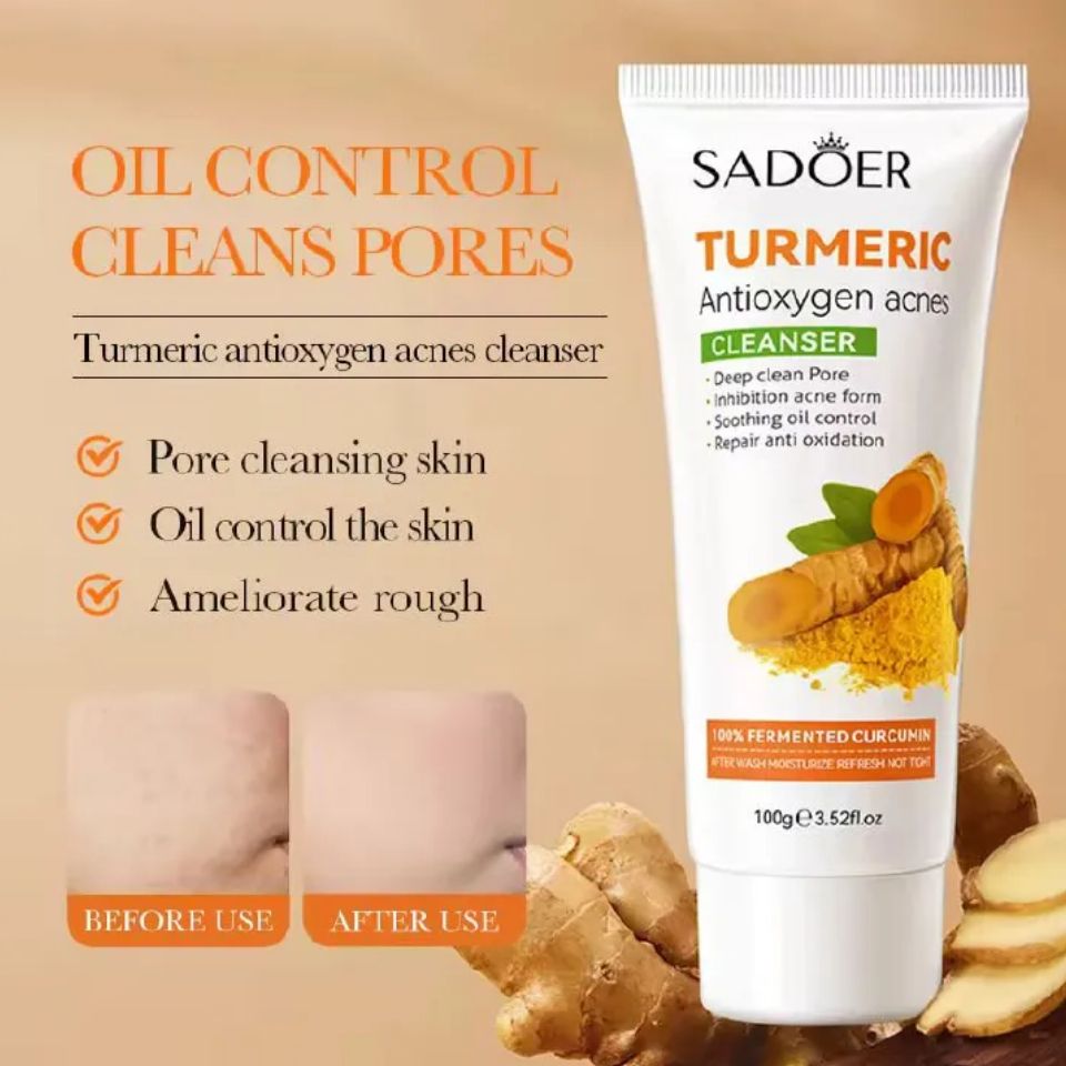 Sadoer Tumeric 3 in 1 Set, Turmeric Anti Acne Cleanser + Turmeric Face Serum + Tumeric Cream, Like Vitamin C, Guarantees Smooth Skin, Prevent Acnes, Control Oil, Remove Dark Spots , Moisturize, Refres