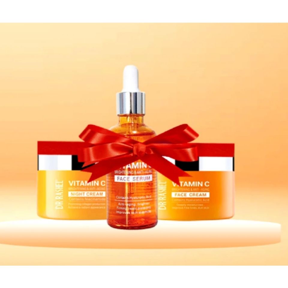 3 Pack Set Dr Rashel Vitamin C Face Serum, Night Cream & Anti Aging Face Cream Glow Pack Skin Care Set Fade Sun Spots & Discoloration Refine Skin Texture Reduce Wrinkle Minimize Existing Wrinkles