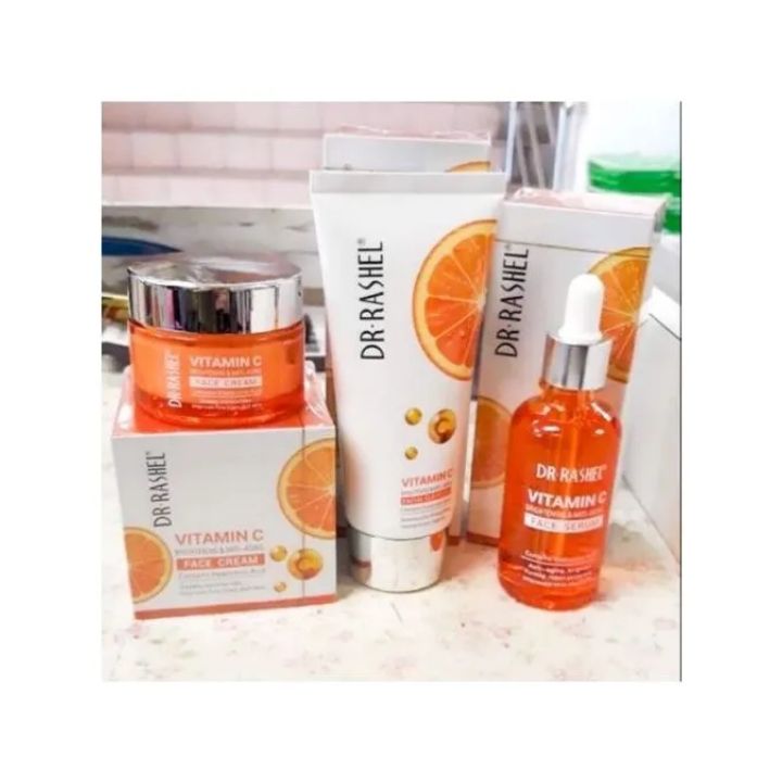 3 Pack Set Dr. Rashel Vitamin C Face Cleanser, Serum and Cream Fade Sun Spots & Discoloration Refine Skin Texture Reduce Wrinkle Formation and Minimize Existing Wrinkles