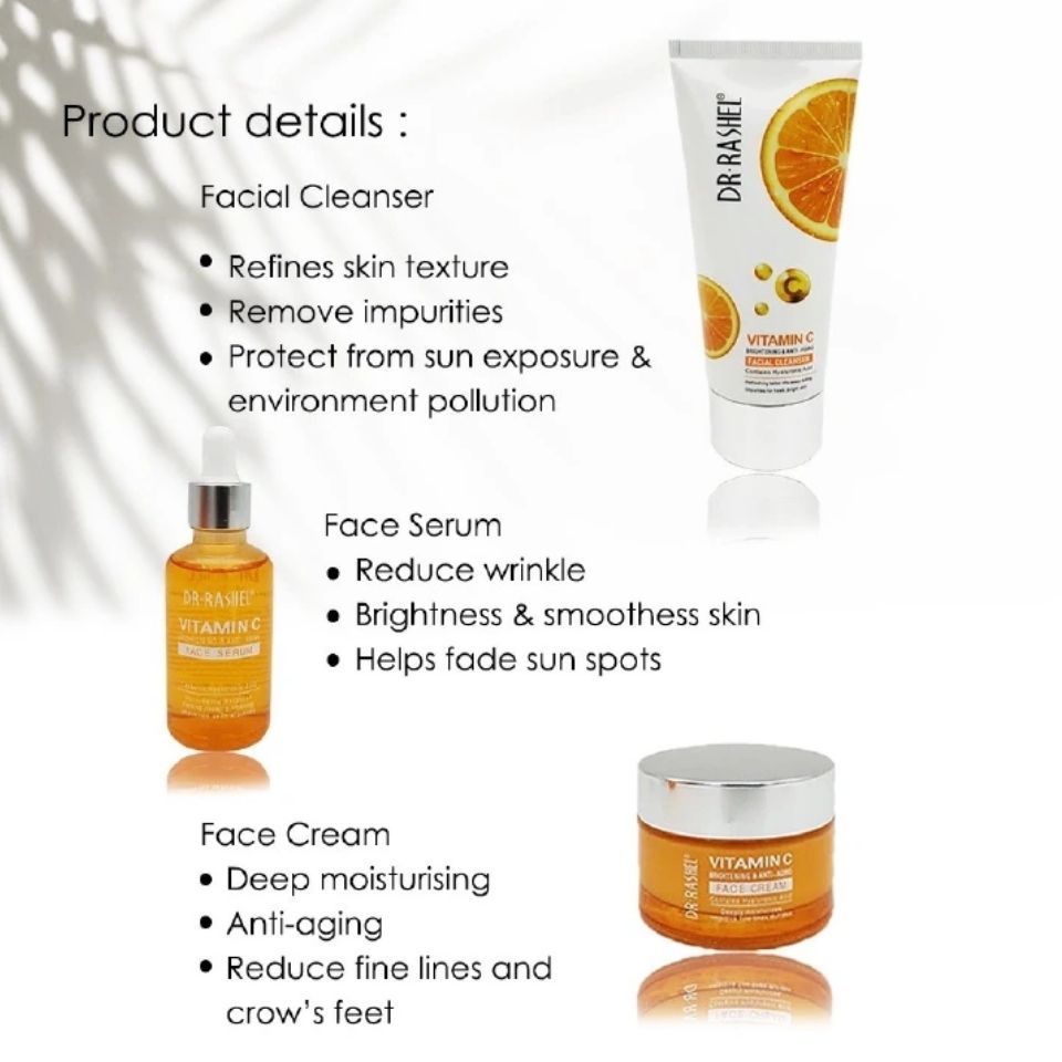 3 Pack Set Dr. Rashel Vitamin C Face Cleanser, Serum and Cream Fade Sun Spots & Discoloration Refine Skin Texture Reduce Wrinkle Formation and Minimize Existing Wrinkles