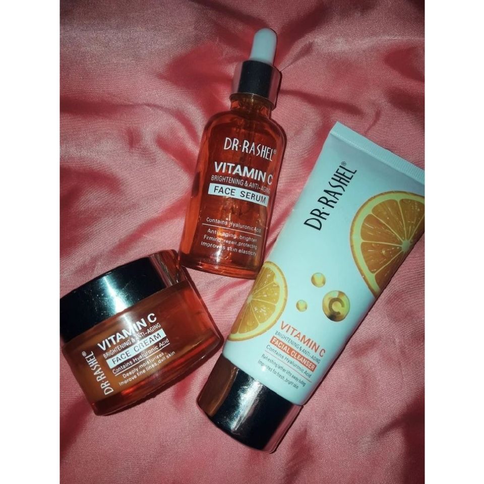 3 Pack Set Dr. Rashel Vitamin C Face Cleanser, Serum and Cream Fade Sun Spots & Discoloration Refine Skin Texture Reduce Wrinkle Formation and Minimize Existing Wrinkles