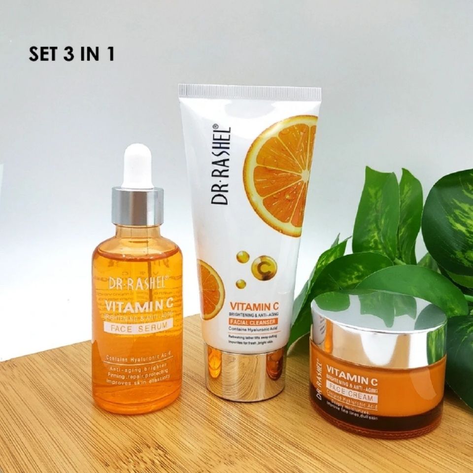 3 Pack Set Dr. Rashel Vitamin C Face Cleanser, Serum and Cream Fade Sun Spots & Discoloration Refine Skin Texture Reduce Wrinkle Formation and Minimize Existing Wrinkles