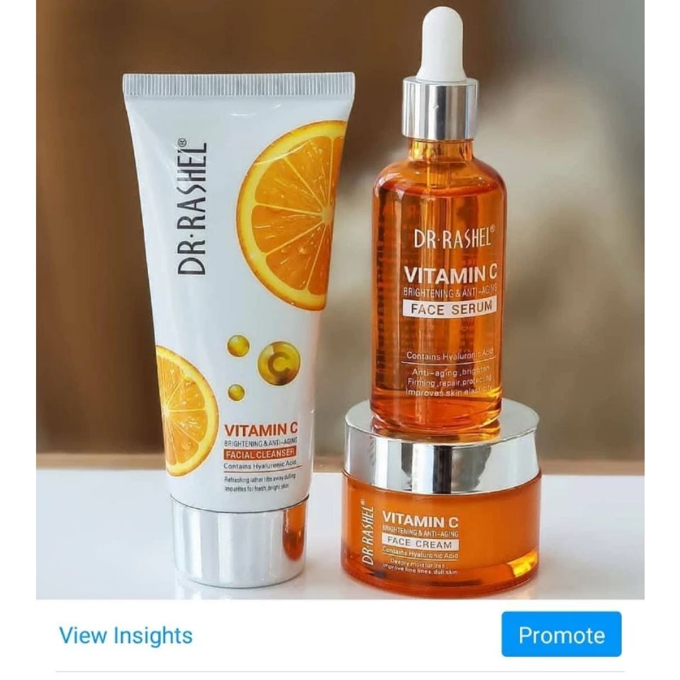 3 Pack Set Dr. Rashel Vitamin C Face Cleanser, Serum and Cream Fade Sun Spots & Discoloration Refine Skin Texture Reduce Wrinkle Formation and Minimize Existing Wrinkles