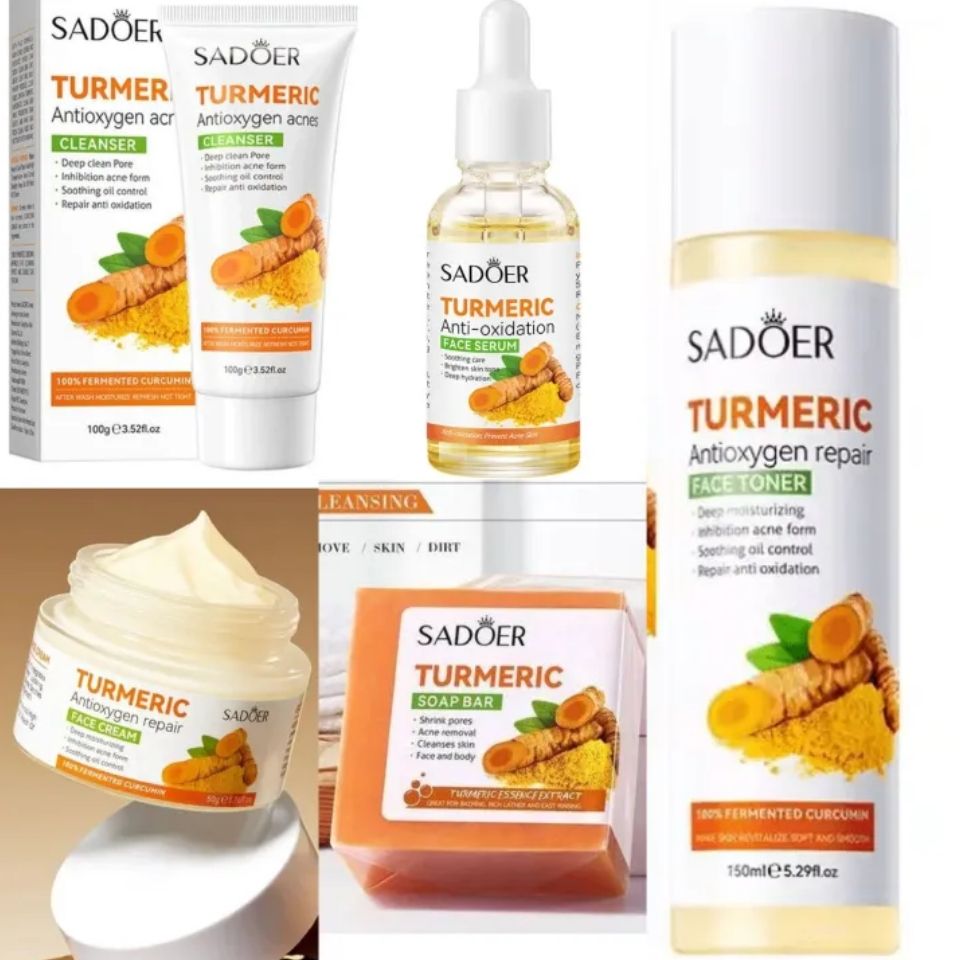 5 in 1 Sadoer Turmeric Set, Tumeric Cleanser + Face Serum +Face Toner + Face Cream + Tumeric Soap, with unparelled Vitamin C capabilities, Helps in Preven Acne, Sooth, Hydrate, Lighjten Acne Marks