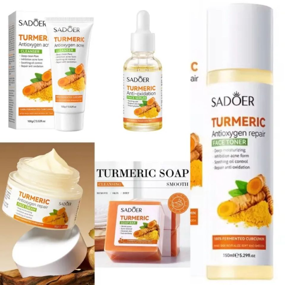5 in 1 Sadoer Turmeric Set, Tumeric Cleanser + Face Serum +Face Toner + Face Cream + Tumeric Soap, with unparelled Vitamin C capabilities, Helps in Preven Acne, Sooth, Hydrate, Lighjten Acne Marks