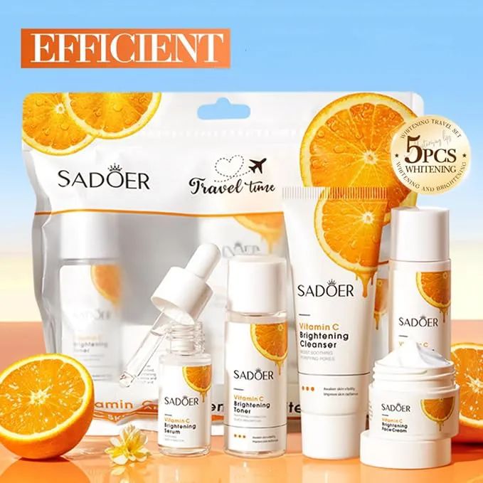 5Pcs SADOER Vitamin C Brightening Travel Kit – Includes Cleanser, Toner, Serum, Cream, and Lotion. Brightening, Whitening, Moisturizing & Hydrating Face Body Skin Care Set