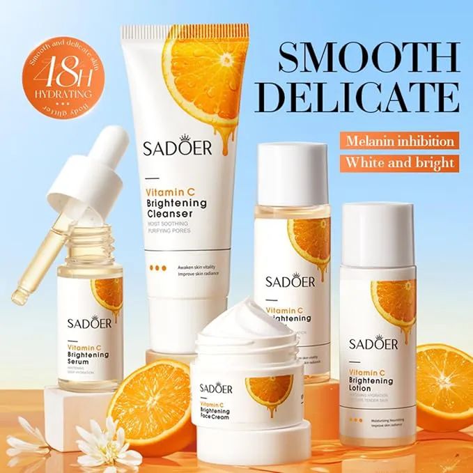 5Pcs SADOER Vitamin C Brightening Travel Kit – Includes Cleanser, Toner, Serum, Cream, and Lotion. Brightening, Whitening, Moisturizing & Hydrating Face Body Skin Care Set