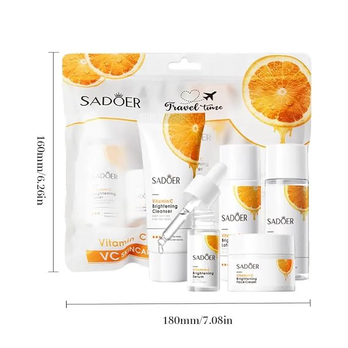 5Pcs SADOER Vitamin C Brightening Travel Kit – Includes Cleanser, Toner, Serum, Cream, and Lotion. Brightening, Whitening, Moisturizing & Hydrating Face Body Skin Care Set