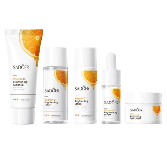 5Pcs SADOER Vitamin C Brightening Travel Kit – Includes Cleanser, Toner, Serum, Cream, and Lotion. Brightening, Whitening, Moisturizing & Hydrating Face Body Skin Care Set