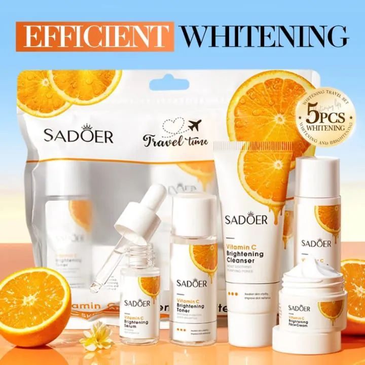 5Pcs SADOER Vitamin C Brightening Travel Kit – Includes Cleanser, Toner, Serum, Cream, and Lotion. Brightening, Whitening, Moisturizing & Hydrating Face Body Skin Care Set