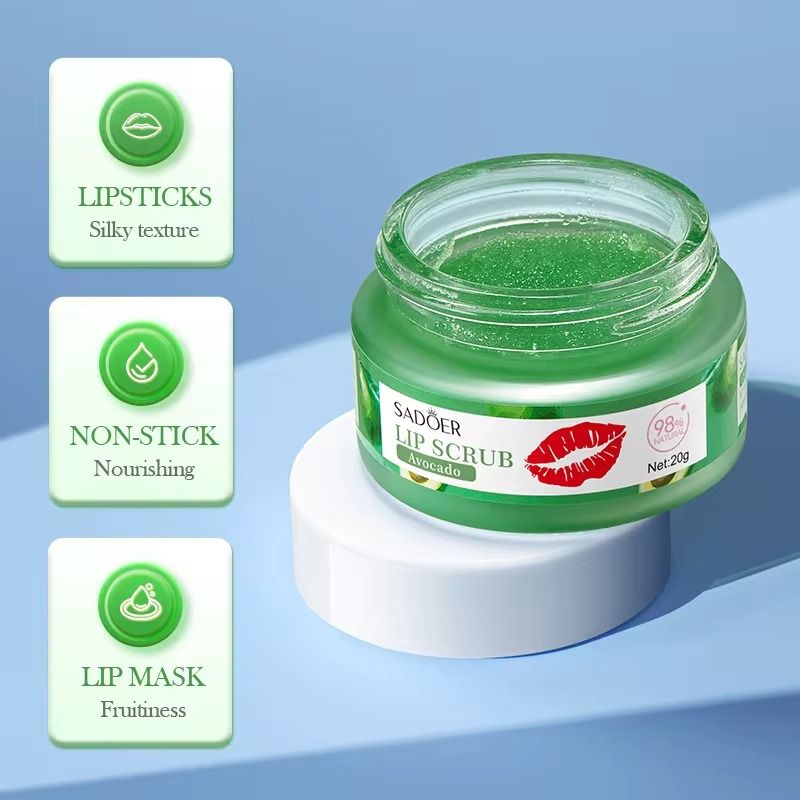 SADOER Avocado Lip Scrub, Removes Dead Skin, Moisturizes, Brightens Lip Color, Soft Pink Lips, Fruit Series