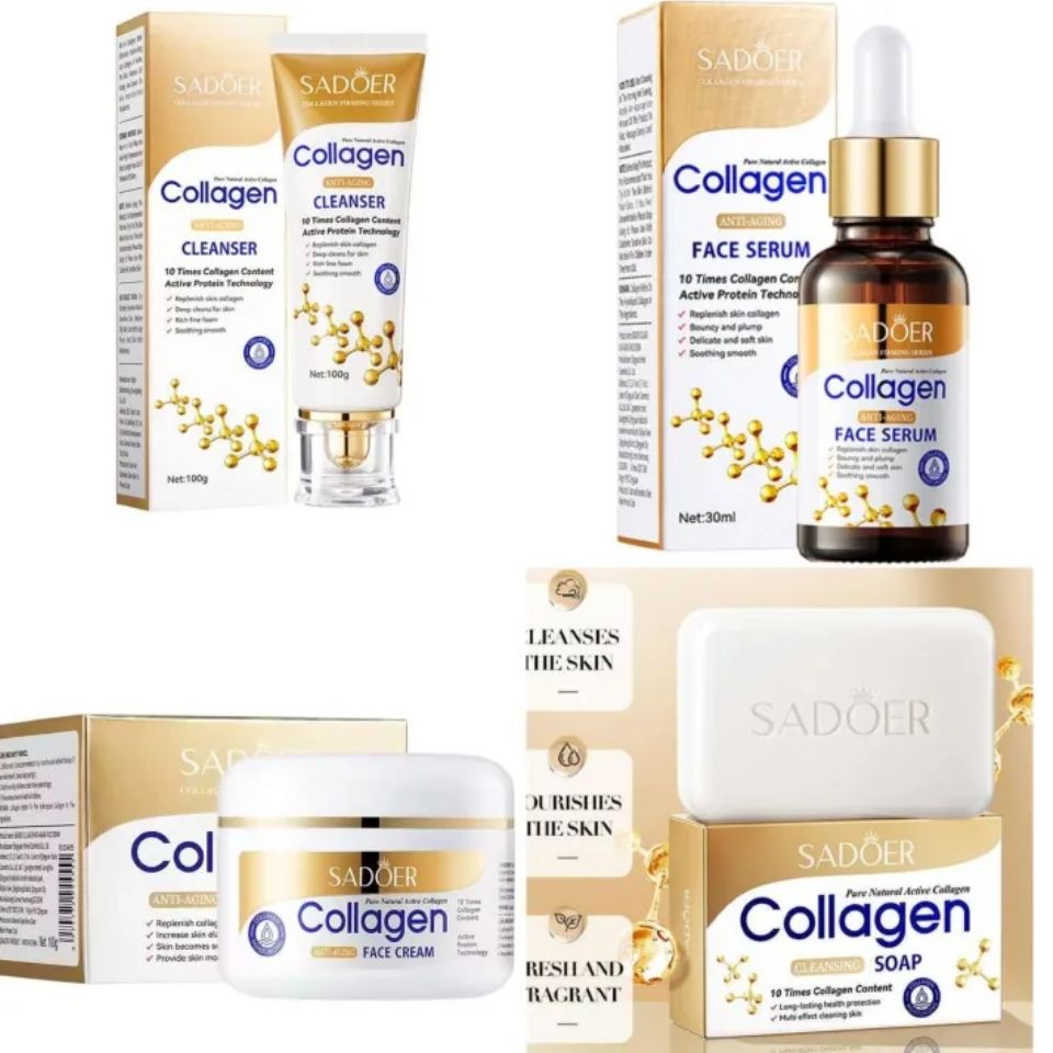 Sadoer Collagen 4 Pieces, Collagen Anti Aging Serum + Anti Aging Cream + Anti Aging Facial Cleanser + Cleansing Soap, Can add Vitramin C to the Routine, For Antiwrinkles, Moisturizing, soothing