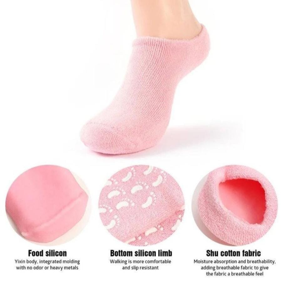 Moisturing Spa gel socks...Heavy material,gel like inside,removes dead skin,has oozedpowder on the insidesurface containingvitmin E,Best moisture retention and gives your feet a smooth beatiful elstic
