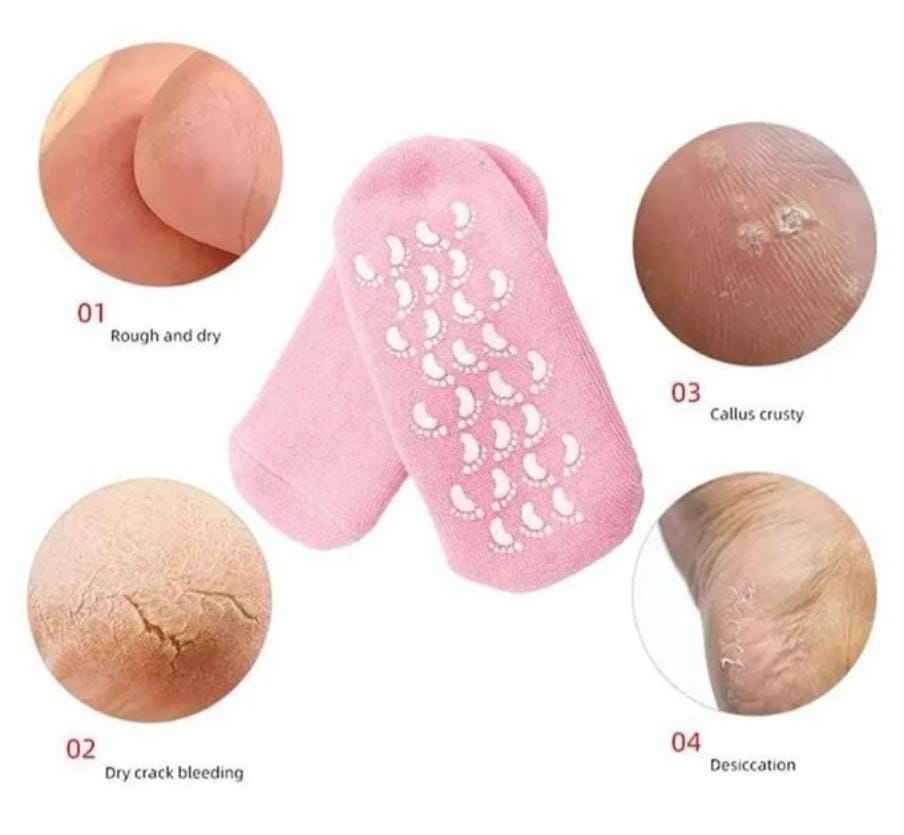 Moisturing Spa gel socks...Heavy material,gel like inside,removes dead skin,has oozedpowder on the insidesurface containingvitmin E,Best moisture retention and gives your feet a smooth beatiful elstic