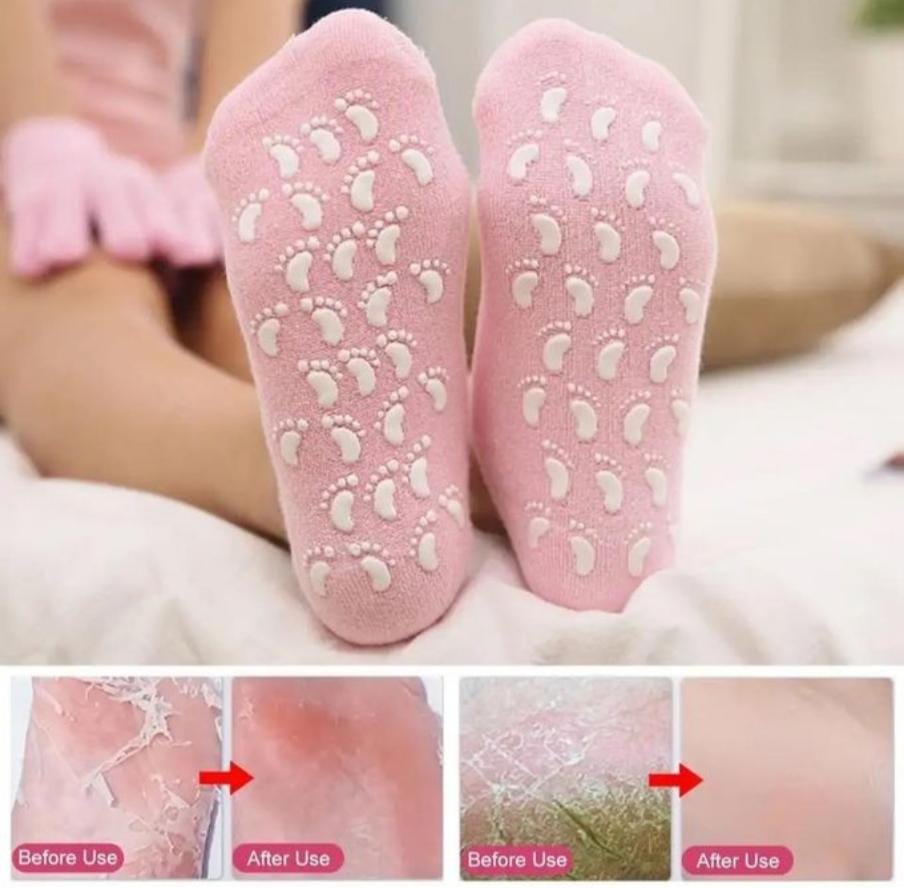 Moisturing Spa gel socks...Heavy material,gel like inside,removes dead skin,has oozedpowder on the insidesurface containingvitmin E,Best moisture retention and gives your feet a smooth beatiful elstic