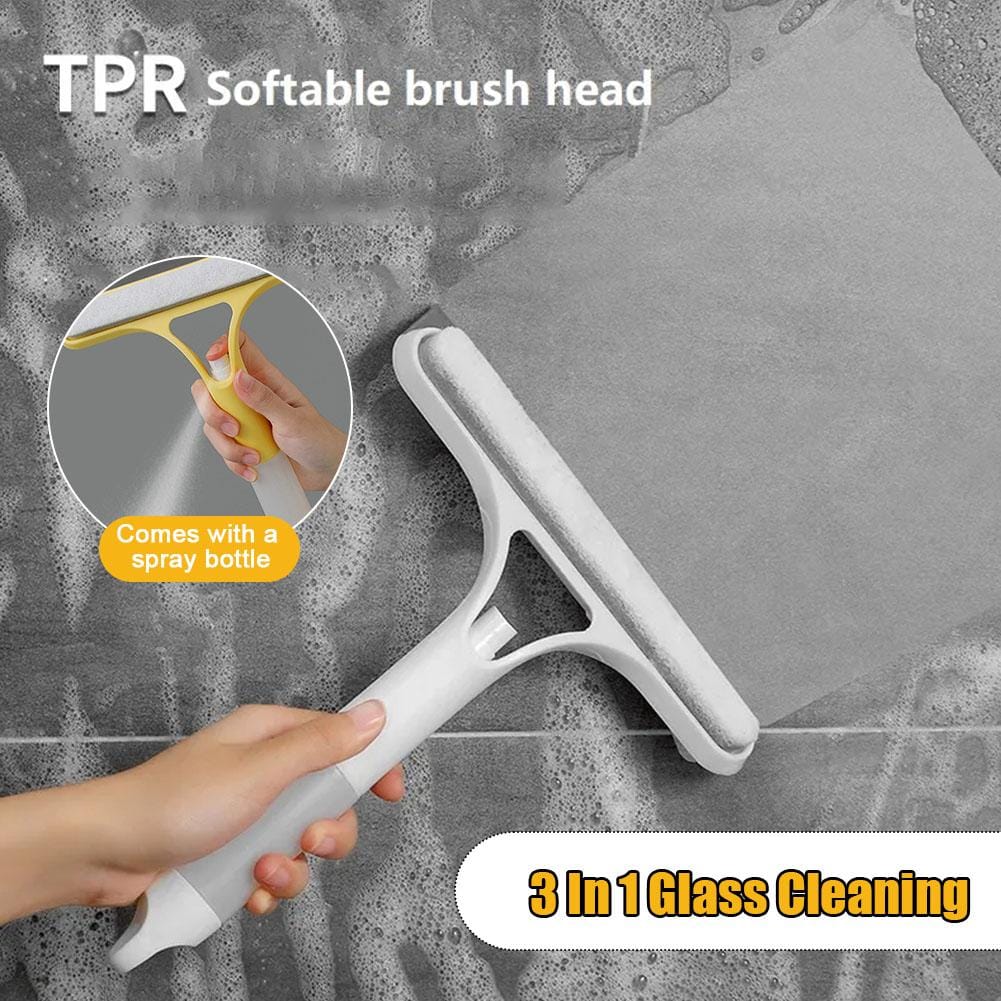 3-1 Double sided shower squeegee with water sprayer....Window and Glass cleaner...has a built-in spray bottle...double sided design;soft bristles edge scrapper
