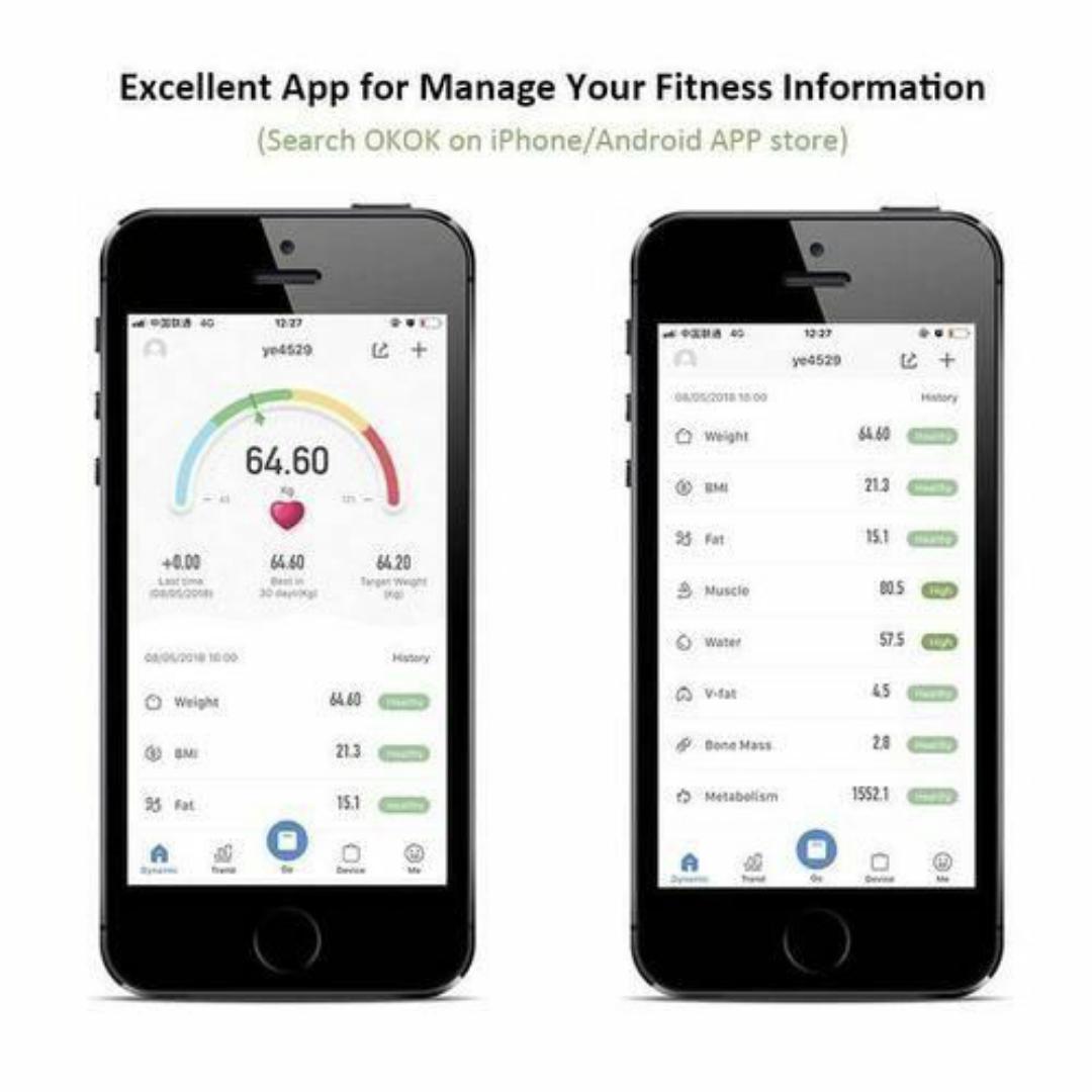 SMART WEIGHING SCALE DIGITAL MACHINE INTELLIGENT BMI BODY FAT SCALE WITH BLUETOOTH APP (OKOK) - 18 Multi Metrics Fitness Tracker