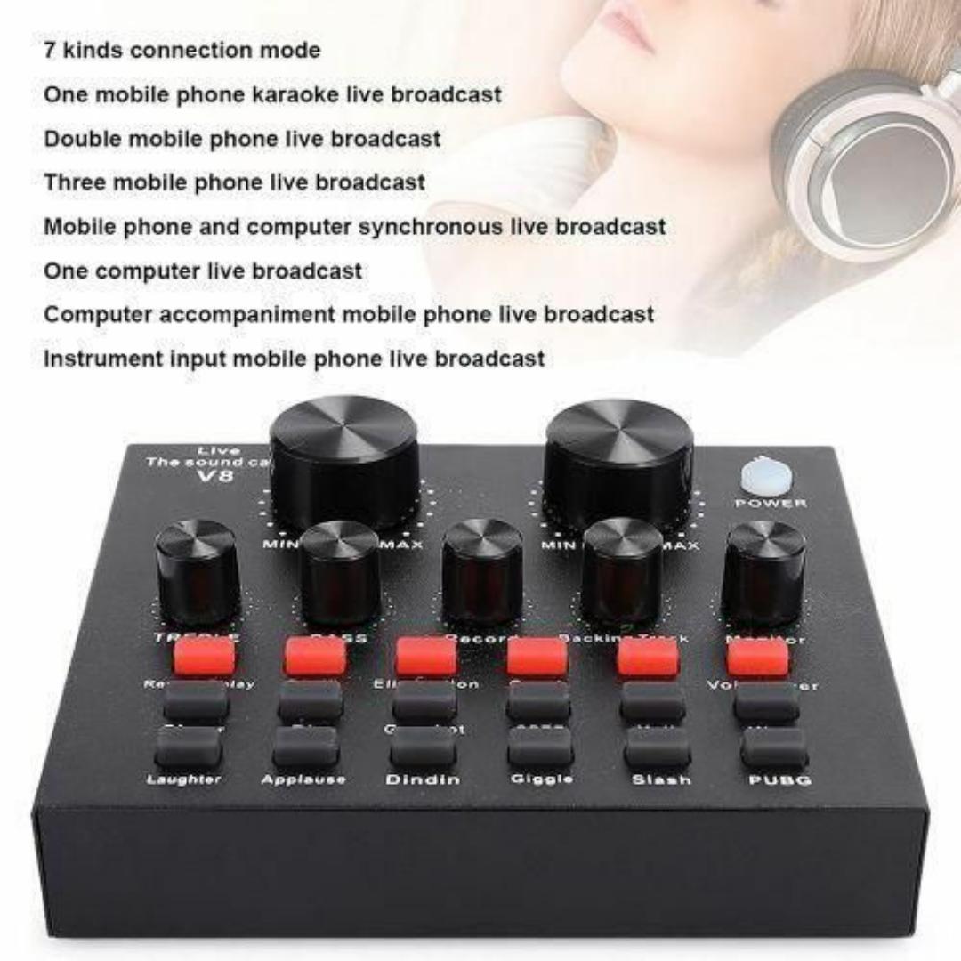 V8 Sound Card for Studio Recording & Streaming – 7-Mode Audio Mixer, Mobile & PC Compatible, Ideal for Karaoke, YouTube, Live Recording & Podcasts