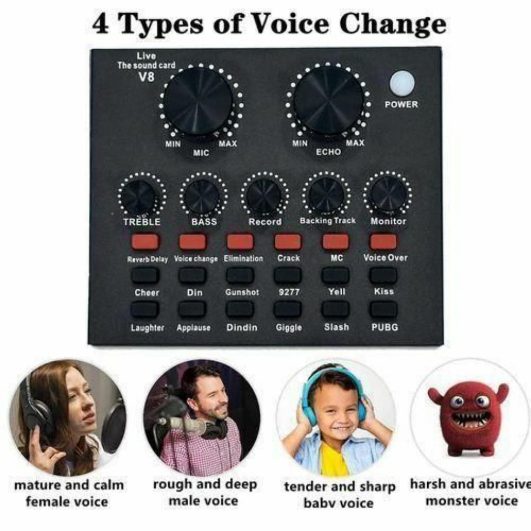 V8 Sound Card for Studio Recording & Streaming – 7-Mode Audio Mixer, Mobile & PC Compatible, Ideal for Karaoke, YouTube, Live Recording & Podcasts