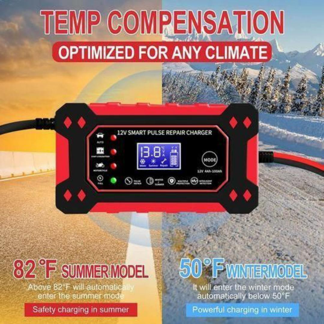 12V Smart Pulse Repair Battery Charger – Fast Charging, Auto Stop, Winter/Summer Modes - For Car, Motorcycle & Minivan