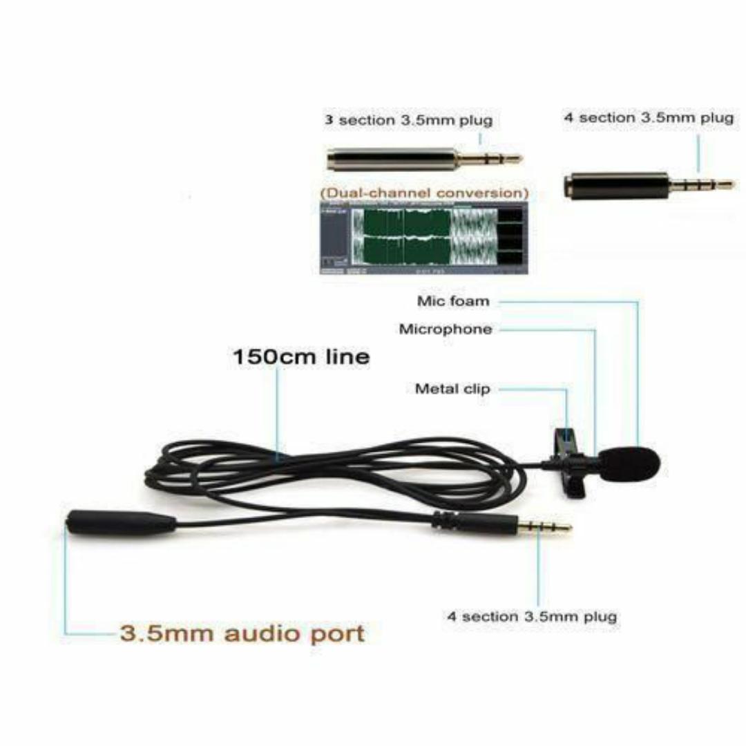 Universal Clip-On Lavalier Microphone - Noise-Cancelling, 3.5mm Jack, 1.5m Cable + Adapters & Carry Pouch