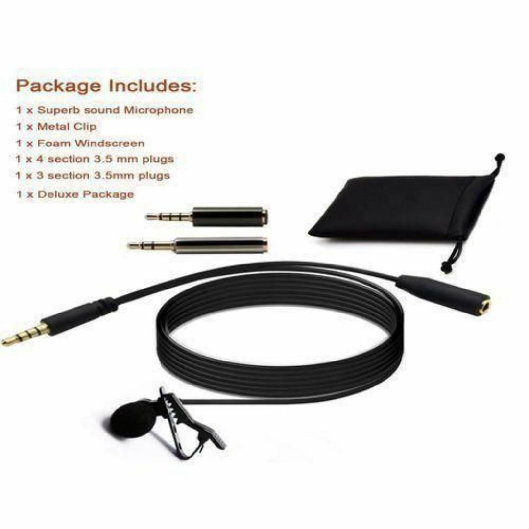 Universal Clip-On Lavalier Microphone - Noise-Cancelling, 3.5mm Jack, 1.5m Cable + Adapters & Carry Pouch