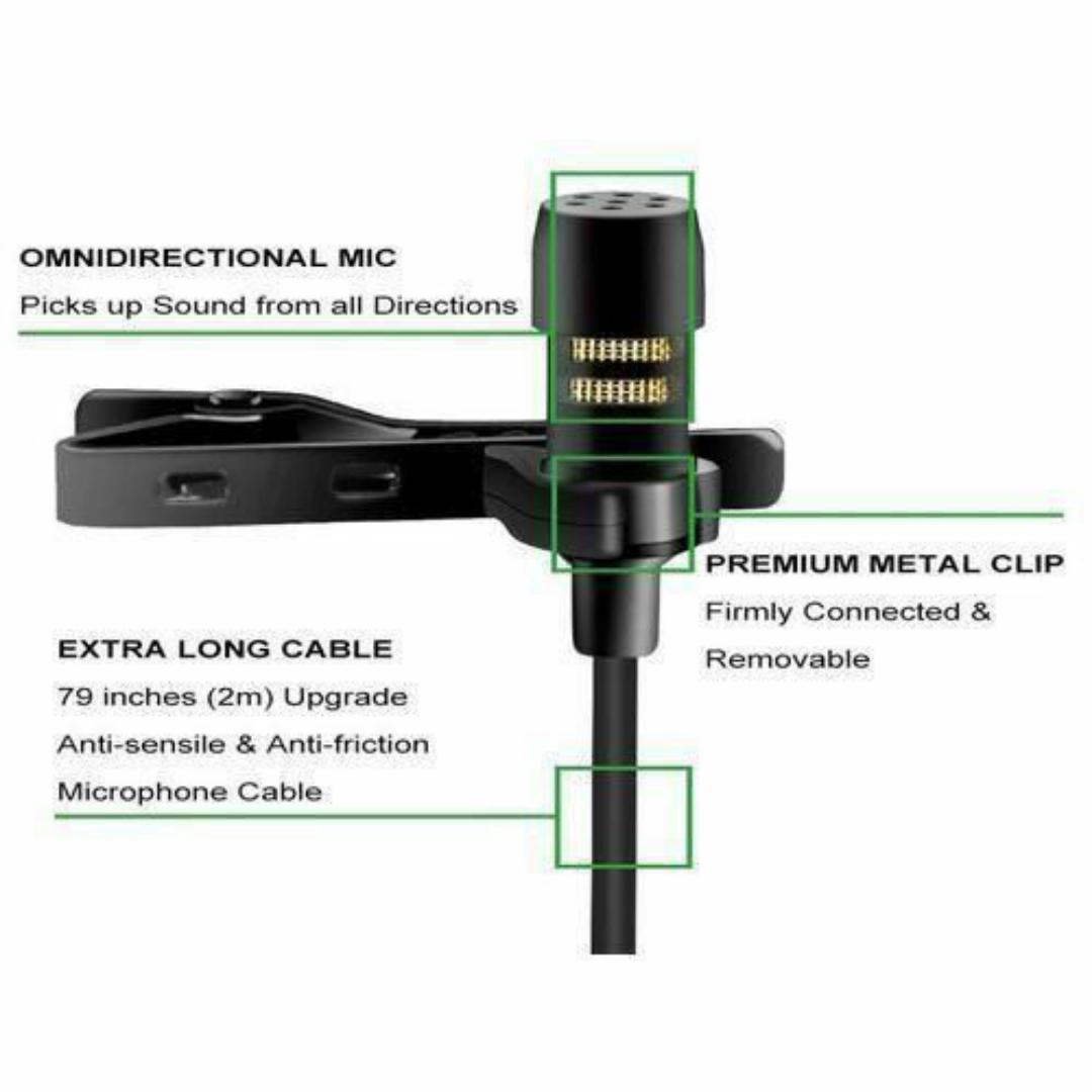 Universal Clip-On Lavalier Microphone - Noise-Cancelling, 3.5mm Jack, 1.5m Cable + Adapters & Carry Pouch